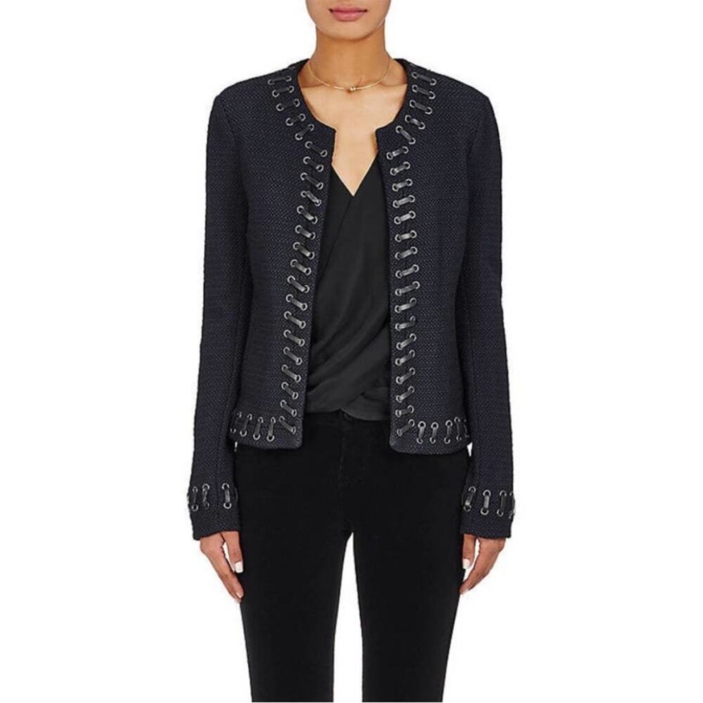 L'Agence Devereaux Leather Whipstitch Tweed Jacket size 8